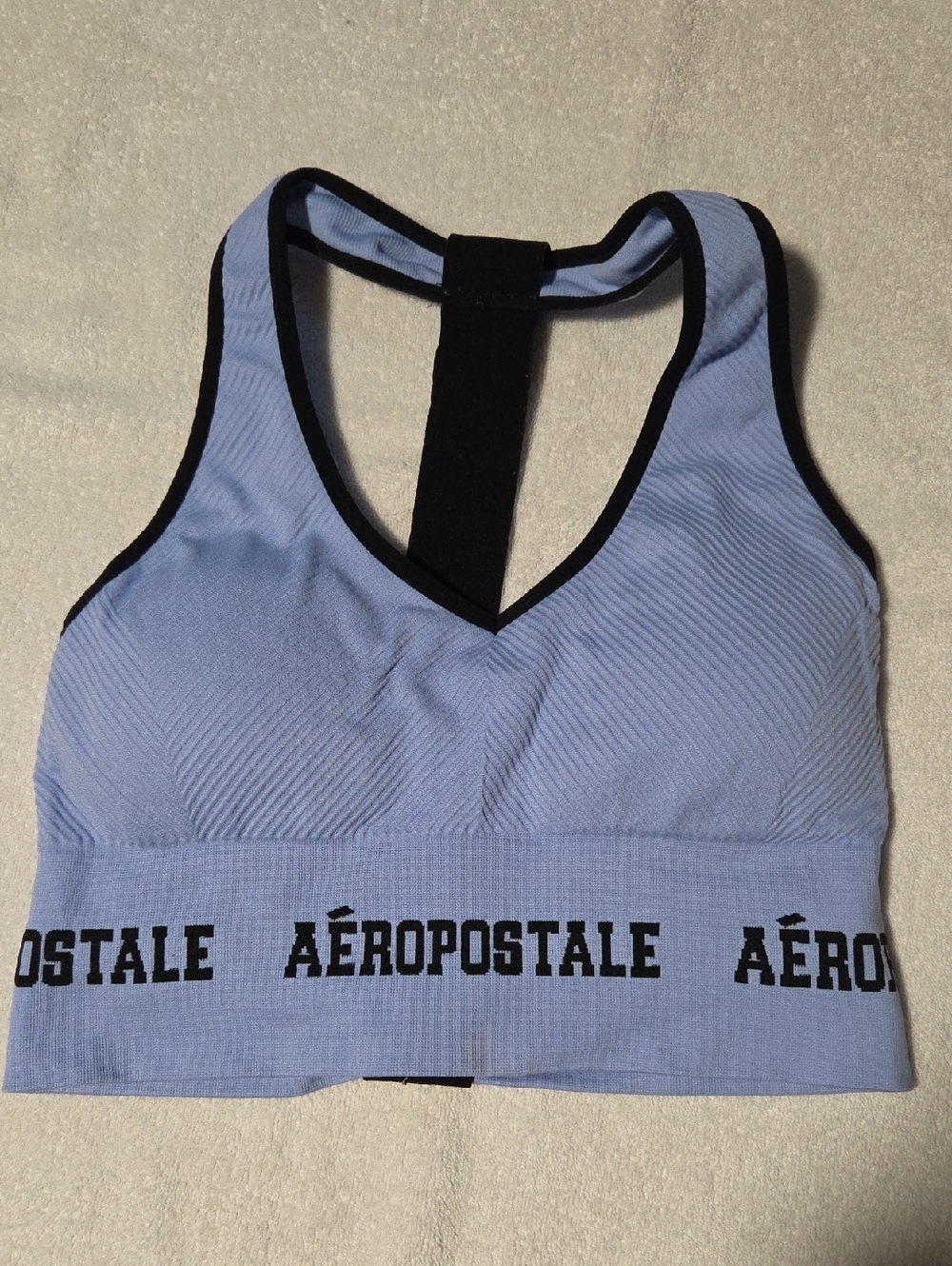 Aeropostale Light Blue/Periwinkle Seamless Racerback Sports Bra with Black Trim